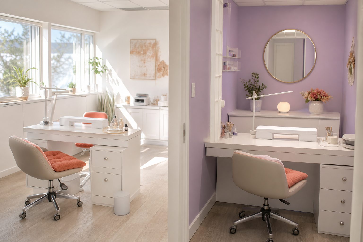 Two nail stations in a bright studio, one in a private suite and one on an open salon floor