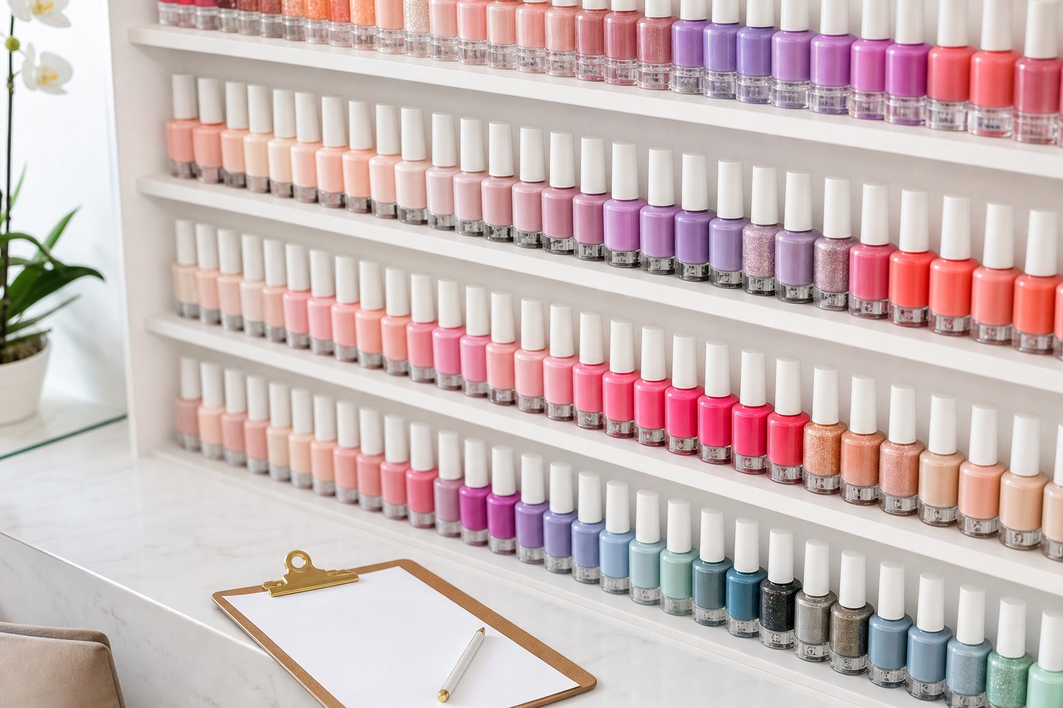 Wall of glossy nail polish bottles on white shelving with a clipboard on the counter below