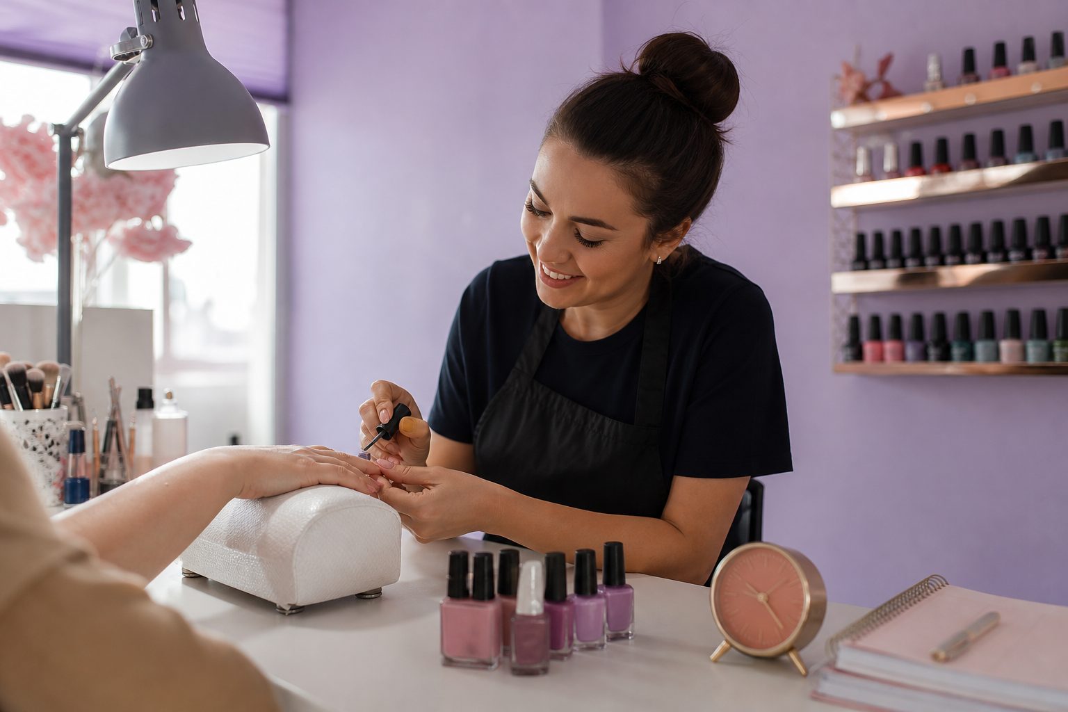 Solo nail technician working at a station with a clock and appointment notebook nearby