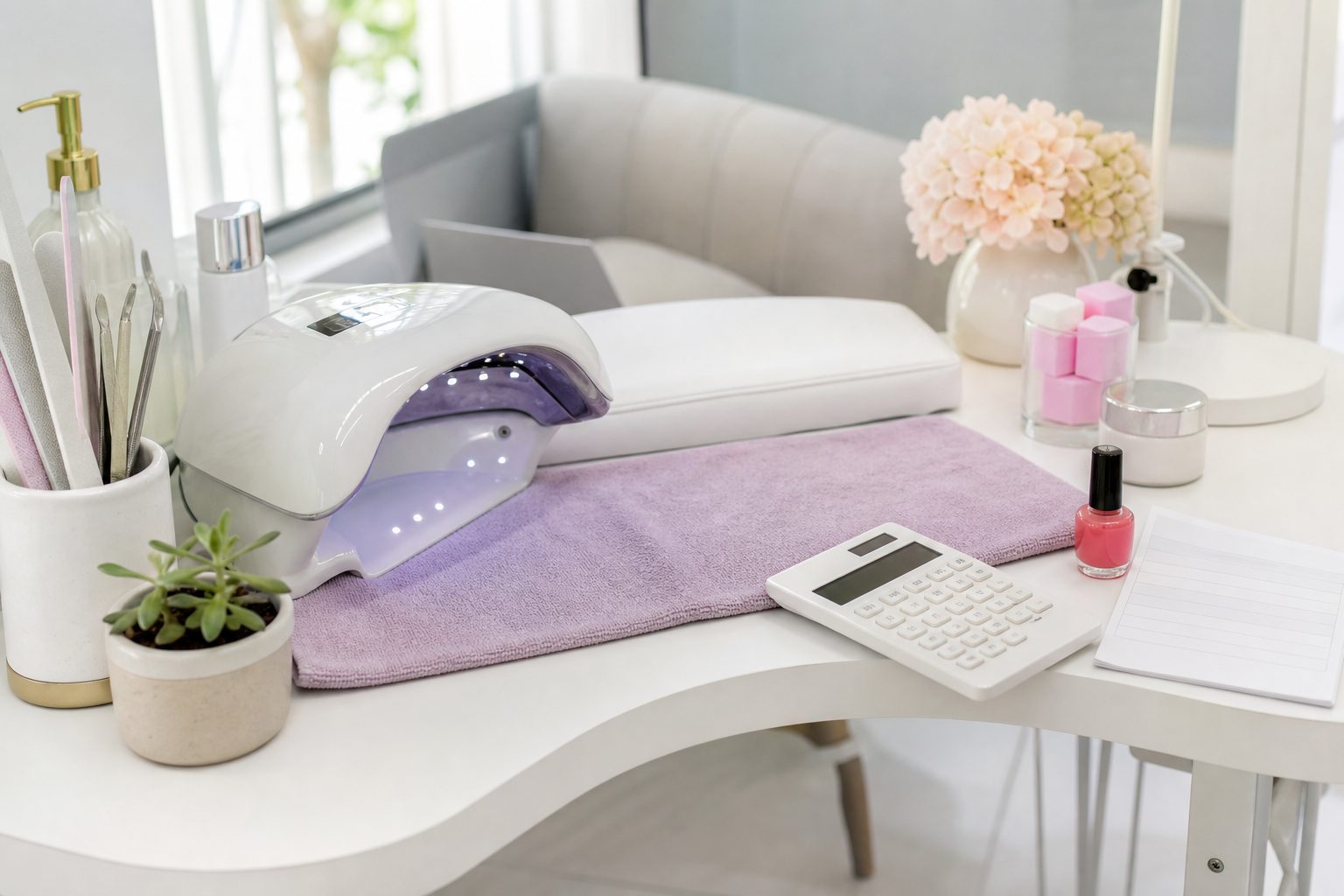 Bright nail station with polish bottles, a calculator and a handwritten price list on a white counter