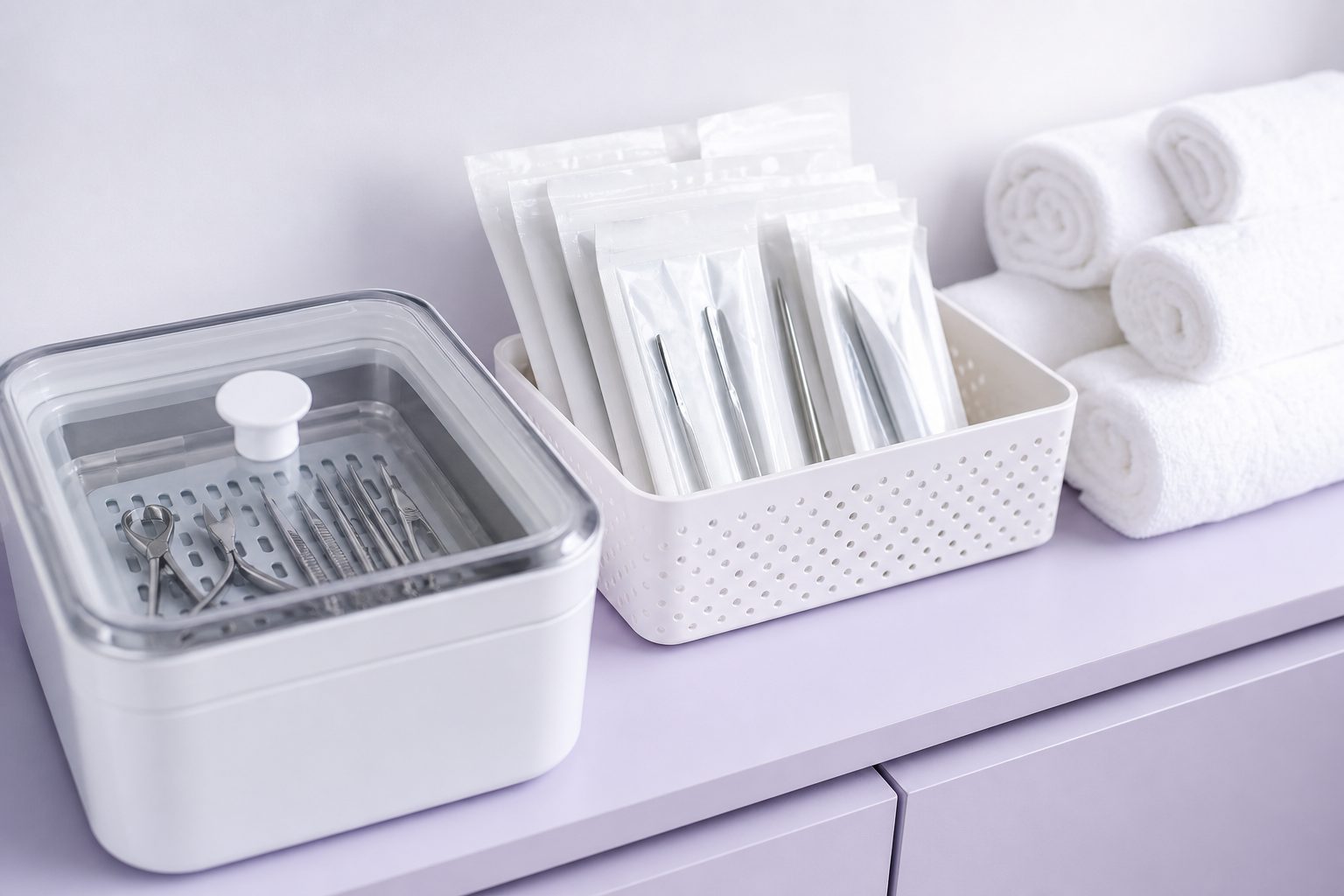 Nail implements soaking in a covered disinfectant tray beside sealed pouches and folded white towels
