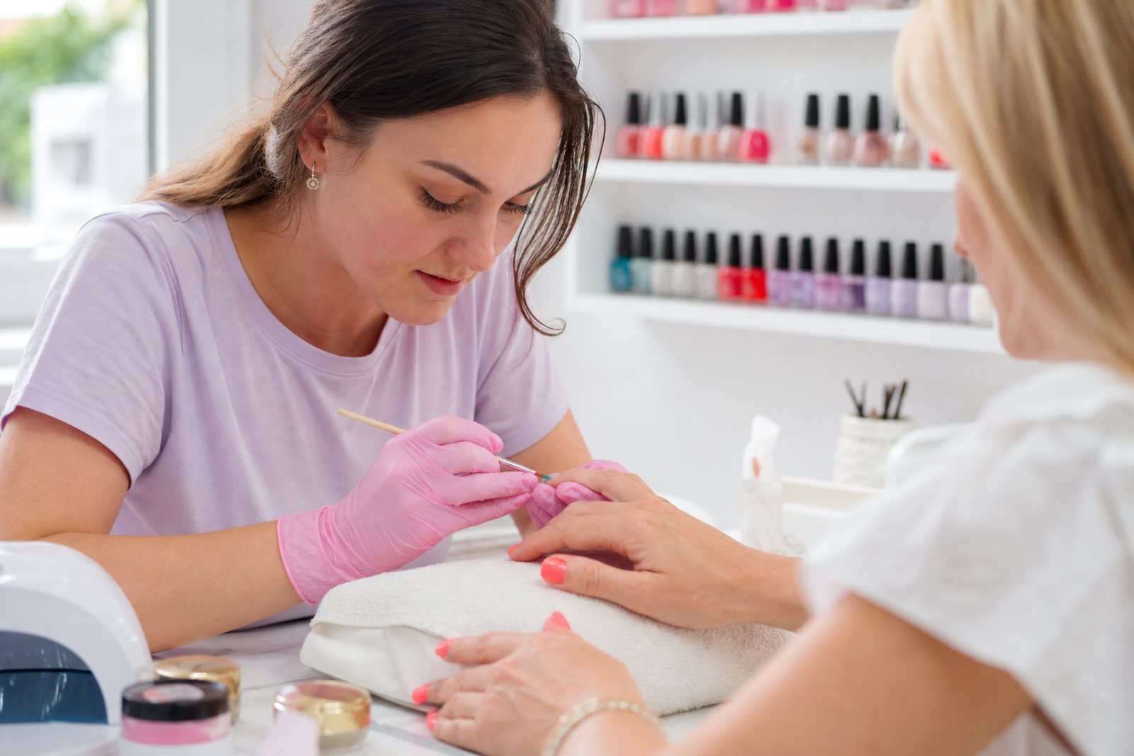A nail technician shaping a client's gel manicure at a bright studio table with rows of polish bottles behind her